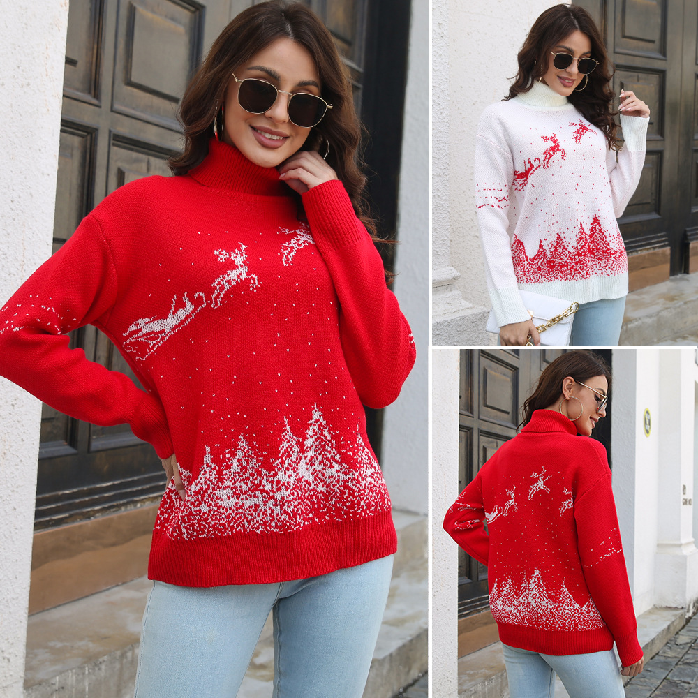 Pull de Noël femme à col montant – rouge ou blanc