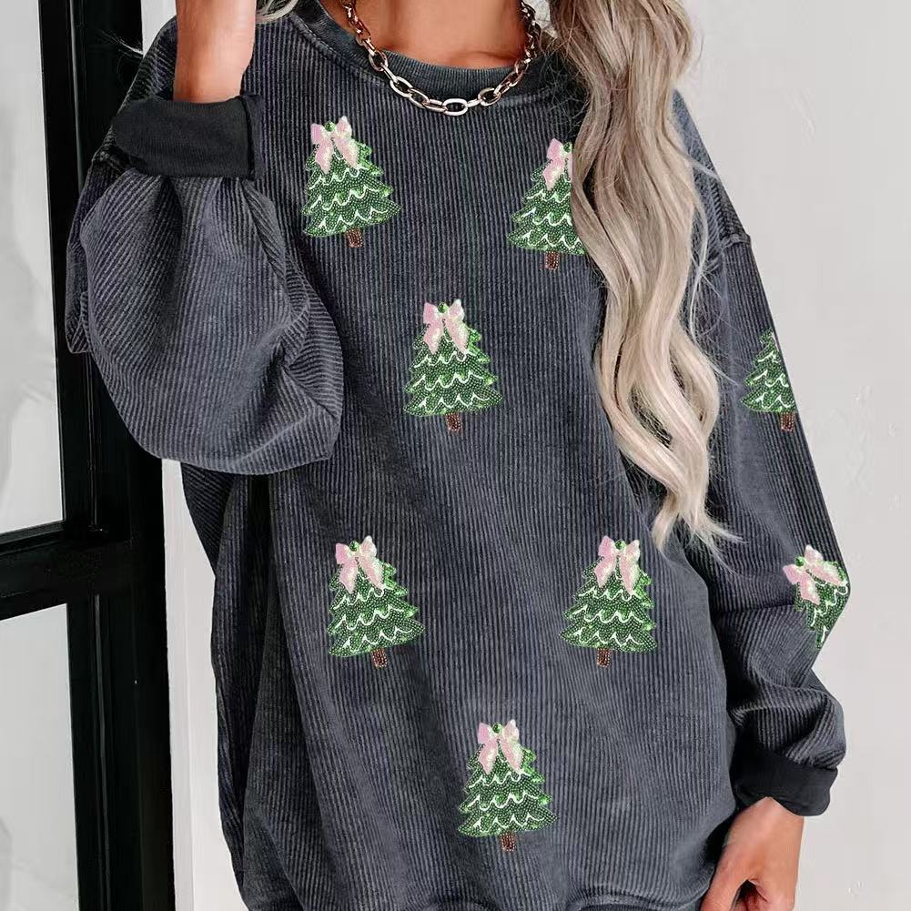 Pull de Noël femme gris à sapin et sequins – S à 3XL