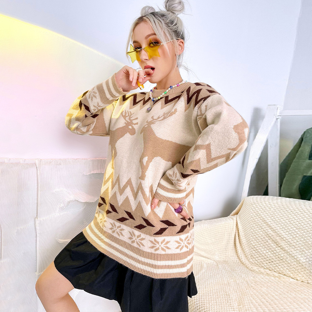Pull de Noël femme à motif renne – kaki, S à L