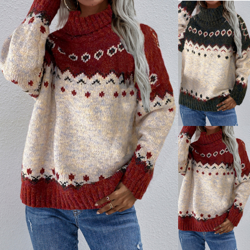 Pull de Noël femme col montant jacquard – rouge ou vert