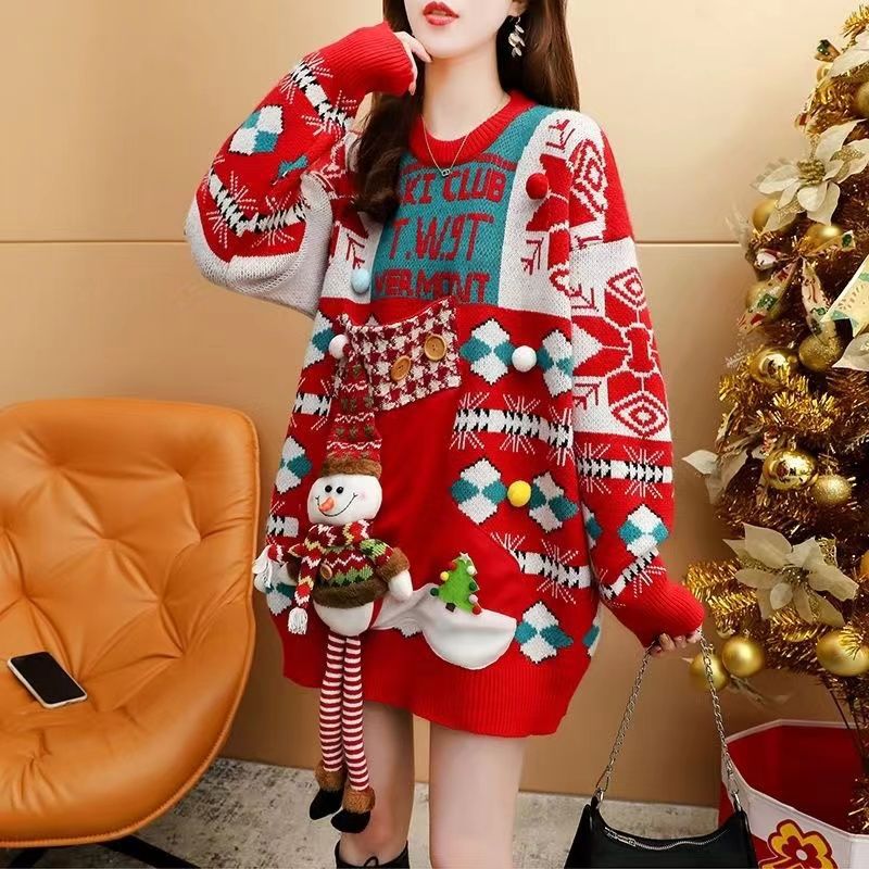 Pull de Noël femme ample à col rond – rouge ou blanc