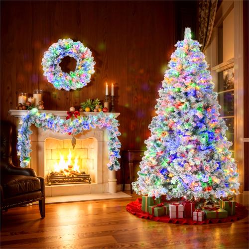 Ensemble sapin enneigé 6FT, couronne et guirlande LED