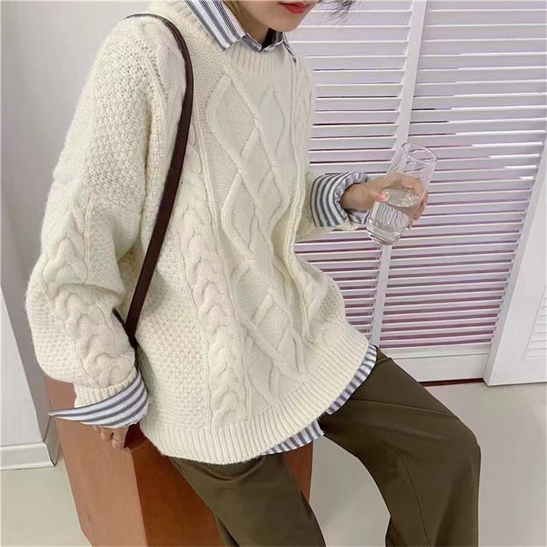 Wind loose round neck thick hemp flowers outerwear thickened rouge pull de Noël femme