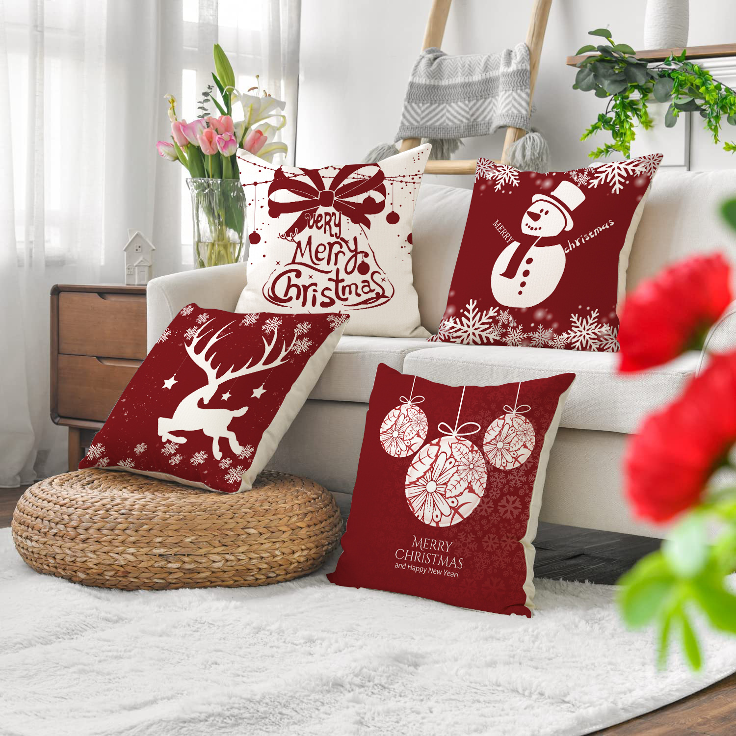Housse de coussin de Noël – bonhomme de neige et renne