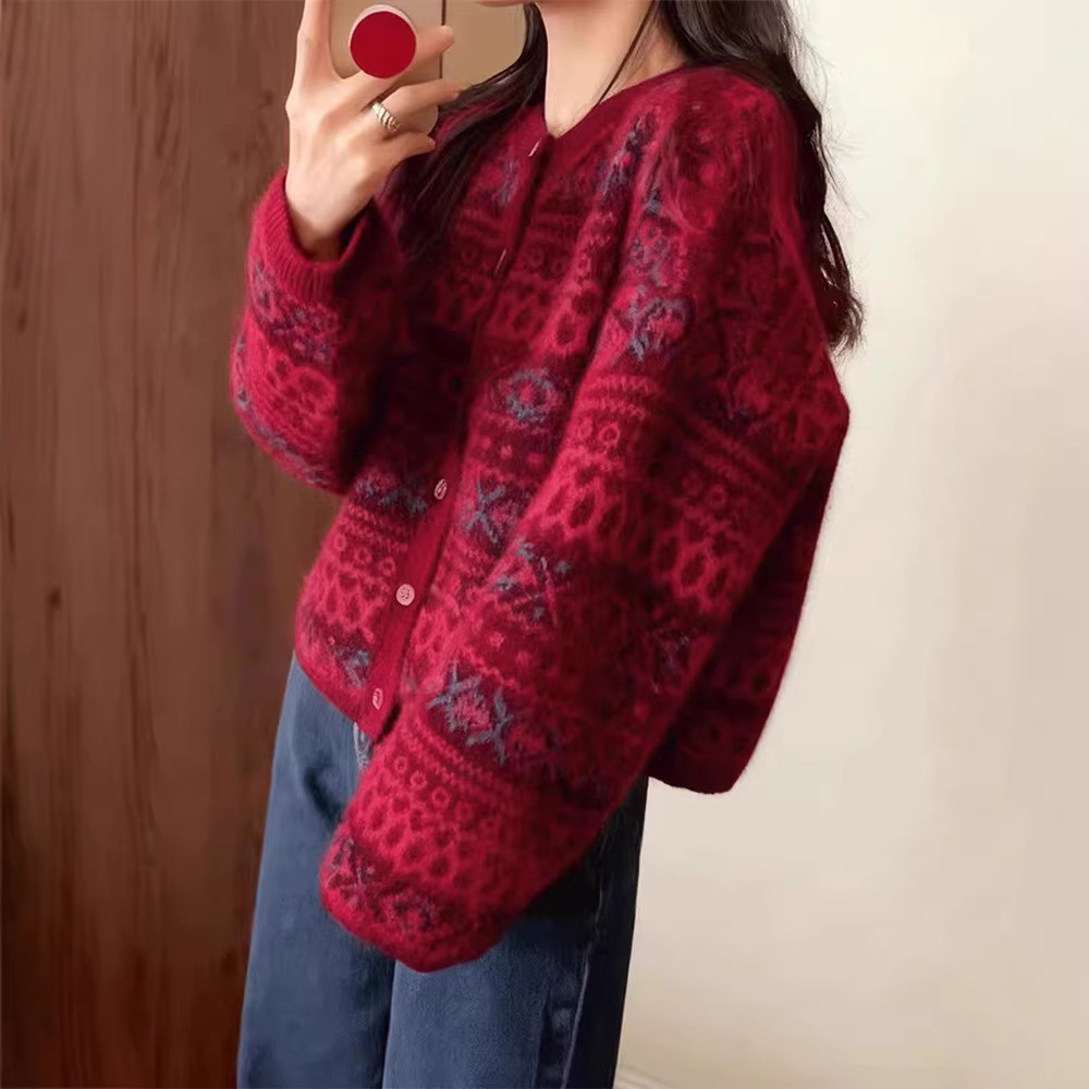 Pull de Noël femme jacquard – rouge ou marron