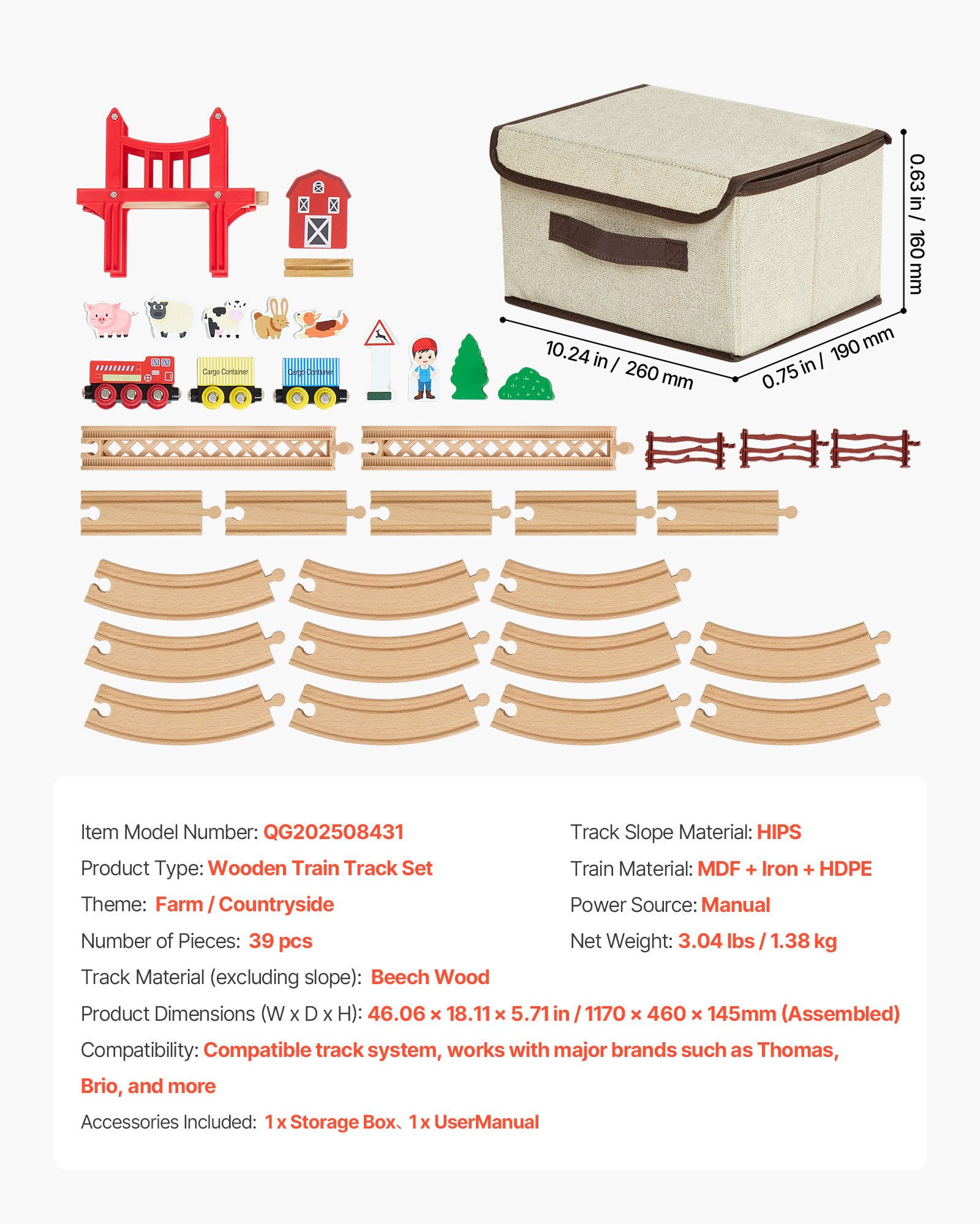 Coffret circuit de train en bois – 39 pièces