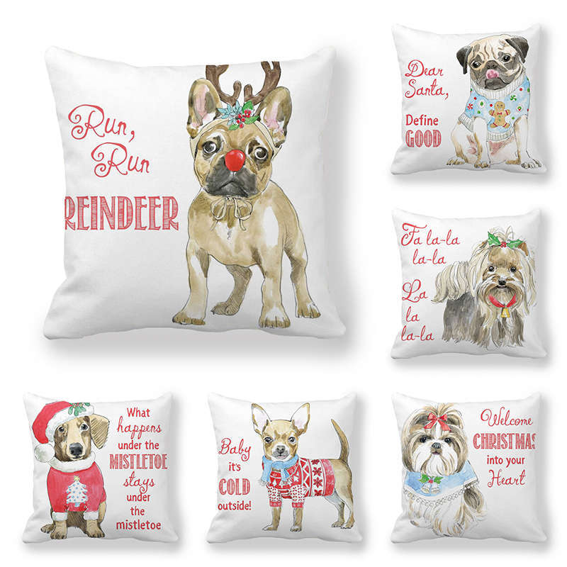 Housse de coussin de Noël motif chien illustré