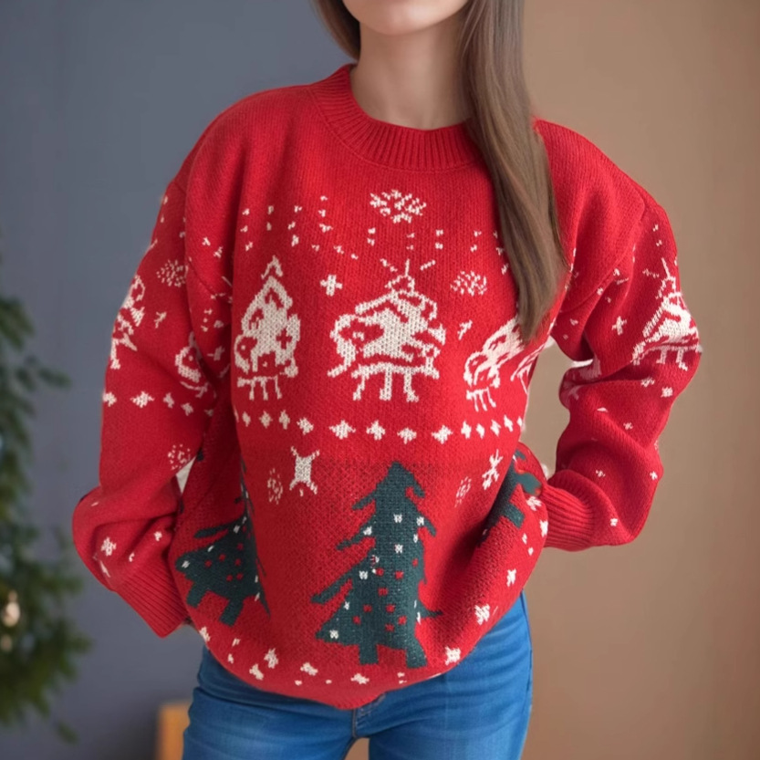 Pull de Noël femme jacquard rouge – S à L