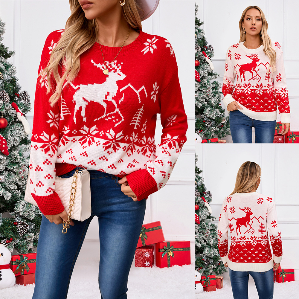 Pull de Noël femme à motif sapin – rouge ou blanc